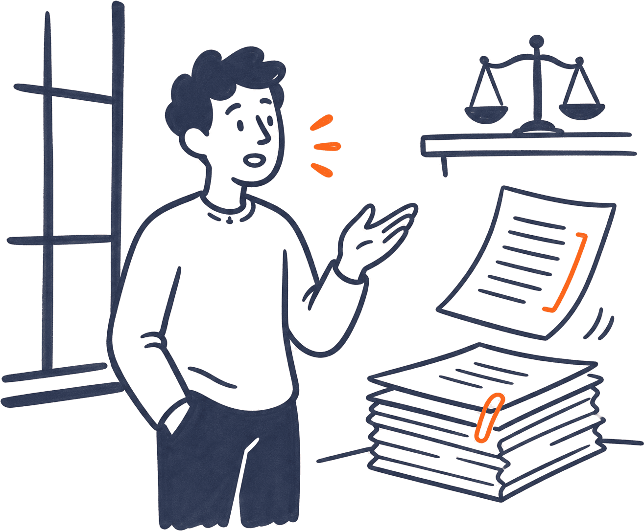 Sketch of a lawyer by a window dictating, beside a stack of documents and a set of scales
