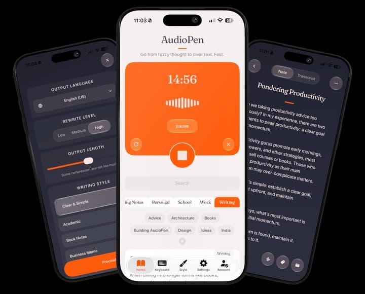 The AudioPen app on three phones: recording, a finished note, and writing styles