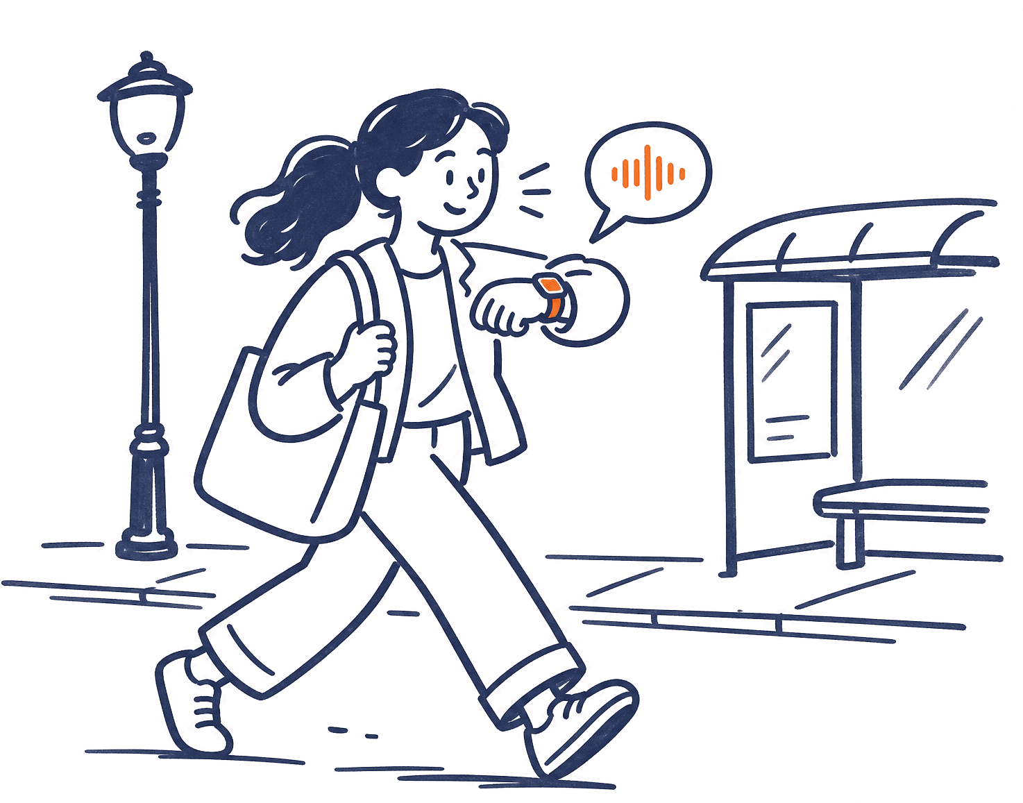 Sketch of a person walking past a bus stop, speaking into their smartwatch