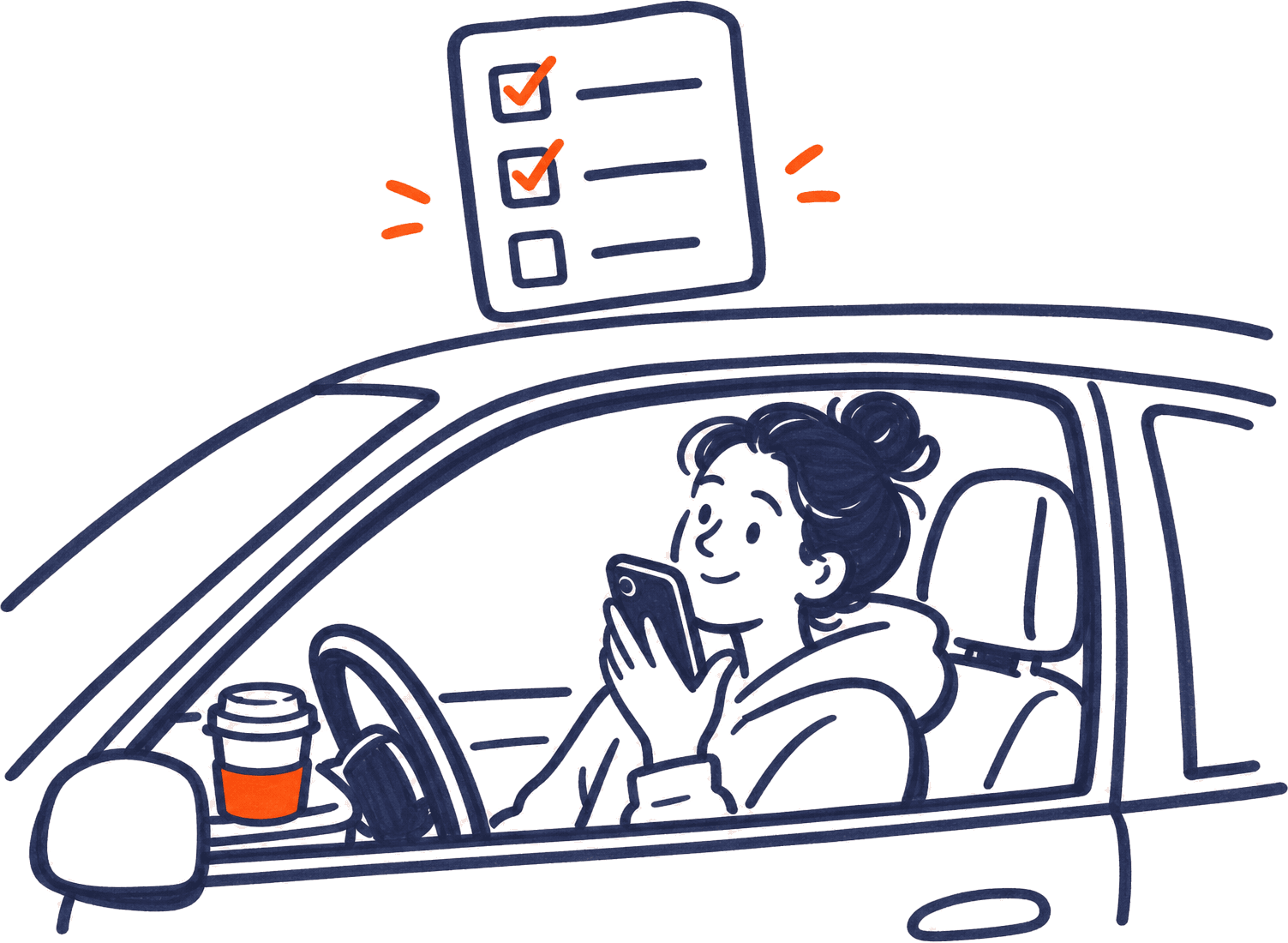 Sketch of a salesperson in a parked car talking into their phone, with a ticked checklist above