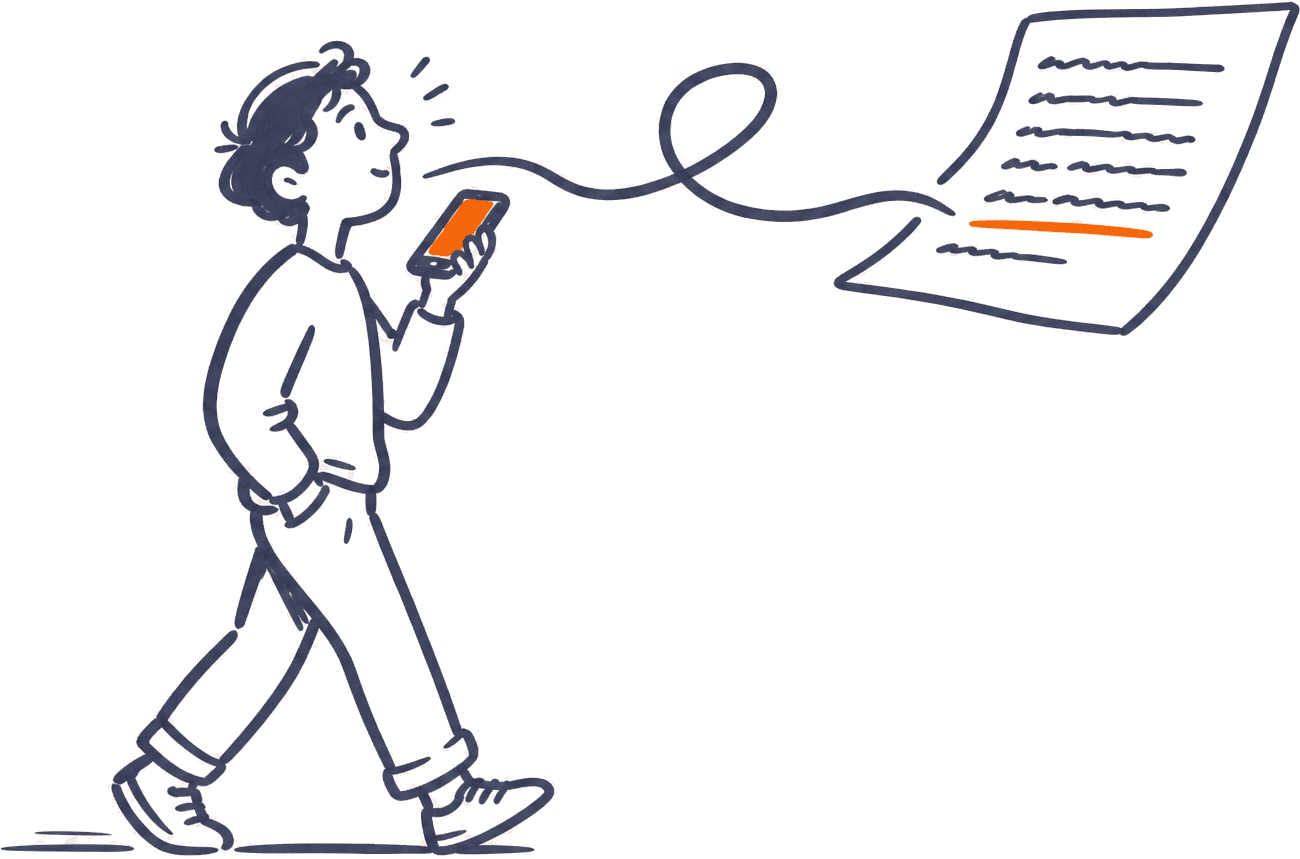 Sketch of a person walking and talking into their phone while their words turn into lines on a page