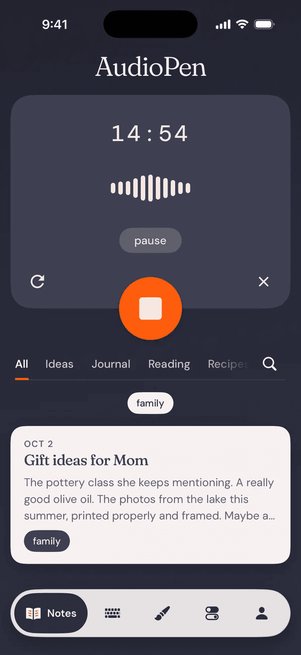 AudioPen on iPhone: recording a note