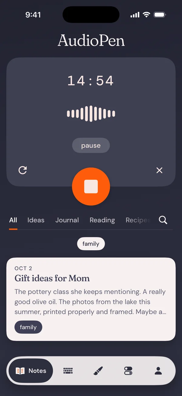 AudioPen on iPhone showing recording, style settings, and a finished note