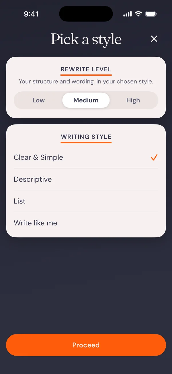 AudioPen's style picker on iPhone, choosing how to rewrite a note