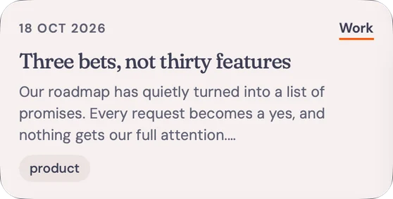 A note card in AudioPen: Three bets, not thirty features